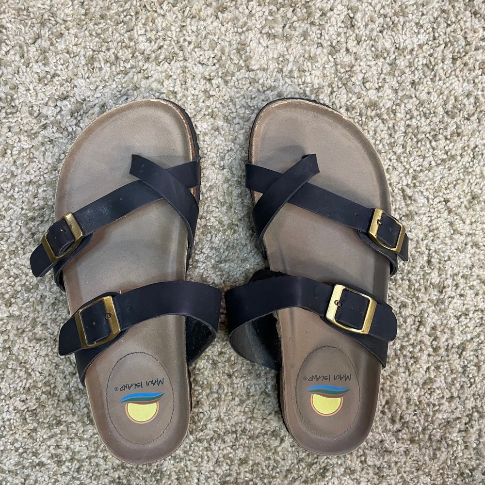 Maui Island Womens Black Leather Toe Loop Buckle Sandals Size 8 Granola Coastal